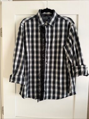 Polo by Ralph Lauren Black and White Plaid Button-Down Shirt with Ruffle Trim